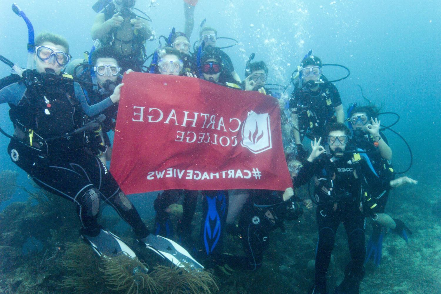 学生们手持<a href='http://jpv5h.litpliant.net'>bv伟德ios下载</a>旗帜，在j学期洪都拉斯游学之旅中潜水.